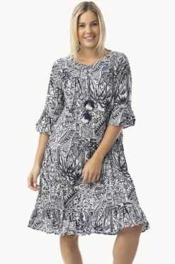 Dresses|Orientique Aksharay Frill Sleeve Pleat Dress Navy