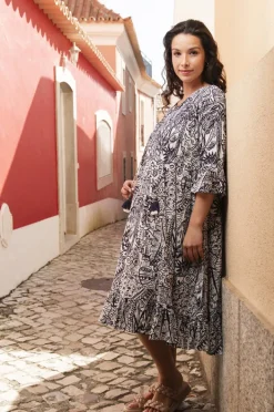 Dresses|Orientique Aksharay Frill Sleeve Pleat Dress Navy