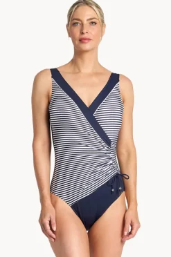 One Pieces|Jantzen Anchor Stripe DD/E Cup Gathered Surplice One Piece Navy