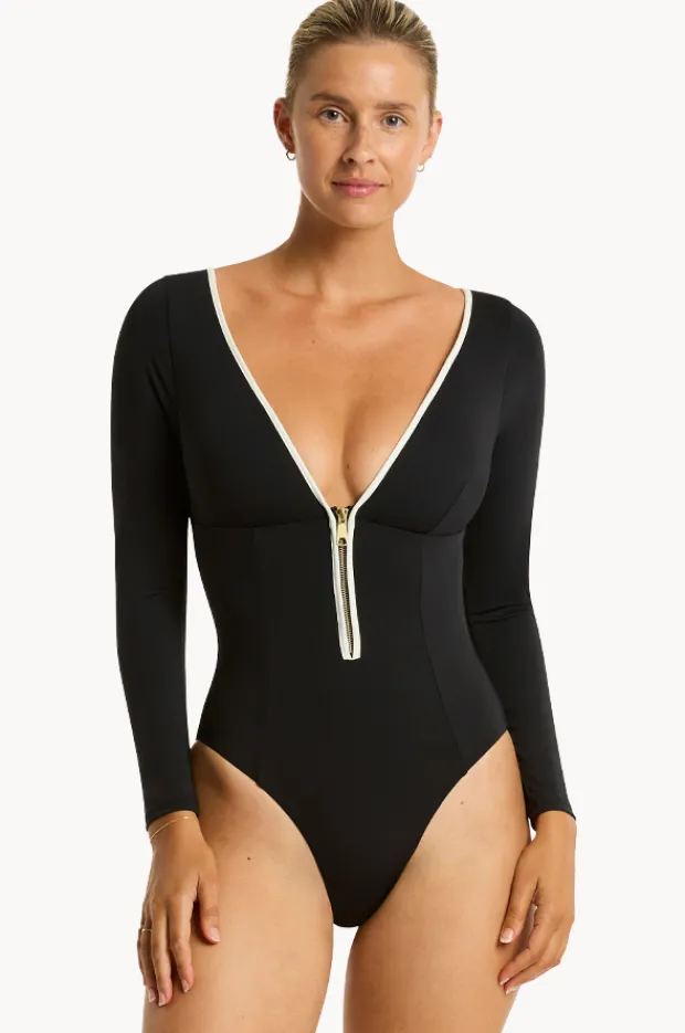 Rashies & Sunsuits|Sea Level Babylon Long Sleeve Sunsuit BLACK