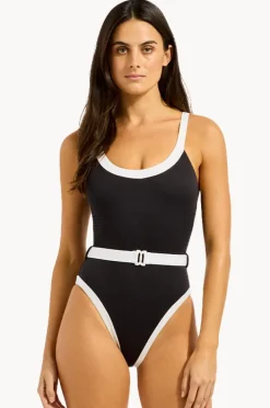 One Pieces|Seafolly Bandwave Belted Retro Tank One Piece BLACK