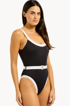 One Pieces|Seafolly Bandwave Belted Retro Tank One Piece BLACK