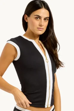 Rashies & Sunsuits|Seafolly Bandwave Cap Sleeve Suntop Black