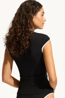 Rashies & Sunsuits|Seafolly Beach Bound Cap Sleeve Suntop Black