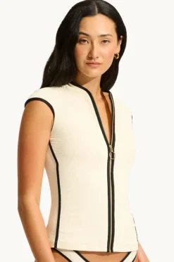 Rashies & Sunsuits|Seafolly Beach Bound Cap Sleeve Suntop Ecru