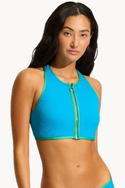 Bikini Tops|Seafolly Beach Bound Zip Front Action Back Tank Turquoise