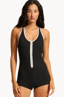 One Pieces|Seafolly Beach Bound Zip Front Boyleg BLACK