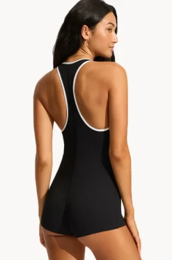 One Pieces|Seafolly Beach Bound Zip Front Boyleg BLACK