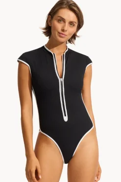 Rashies & Sunsuits|Seafolly Beach Bound Zip Front One Piece Black