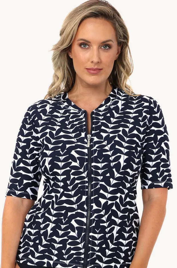 Rashies & Sunsuits|Babes In The Shade Blue Acacia Short Sleeve Suntop Navy/white