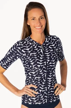 Rashies & Sunsuits|Babes In The Shade Blue Acacia Short Sleeve Suntop Navy/white