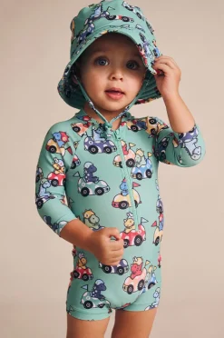 Rashies & Sunsuits|Rashies & Sunsuits|Huxbaby Boys Racer Dino Sunsuit Green