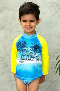 Rashies & Sunsuits|Salty Ink Boys Shipwrecked Long Sleeve Suntop Blue/yellow