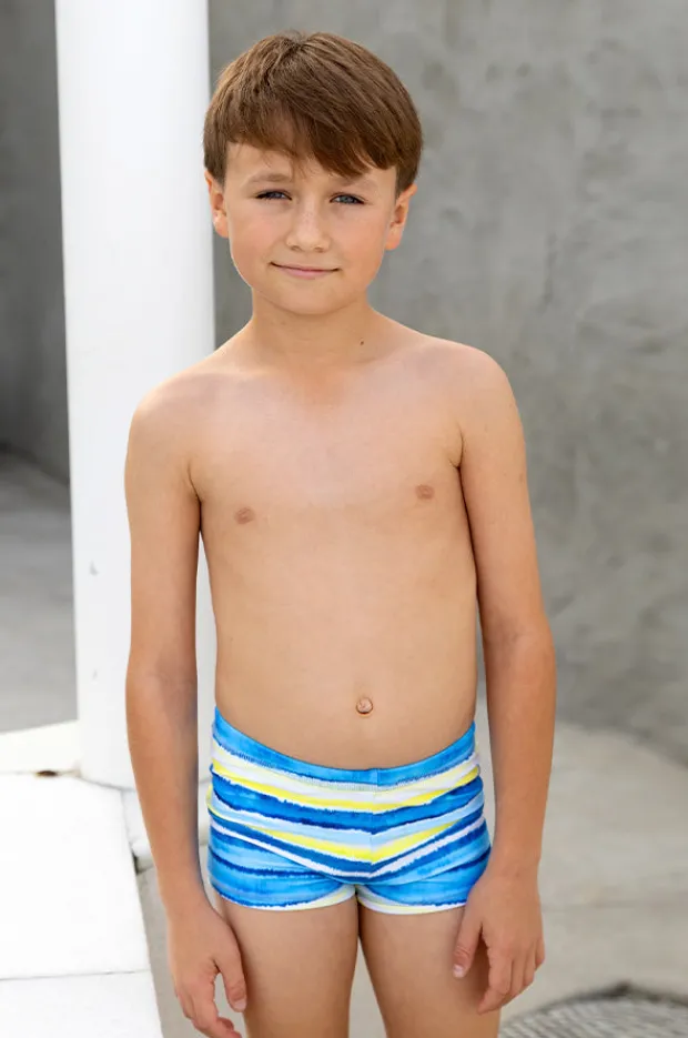 Trunks|Salty Ink Boys Shipwrecked Stripe Euroleg Trunk Blue/yellow