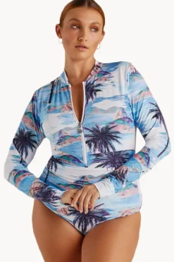 Rashies & Sunsuits|Sunsoaked Cartolina Ruched Long Sleeve Sunsuit Blue/Multi