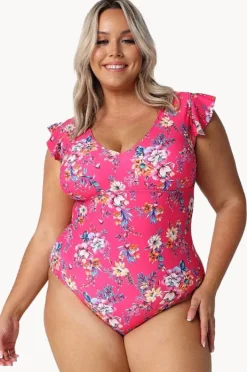 One Pieces|Capriosca Castaway Frill V Neck One Piece Hot pink