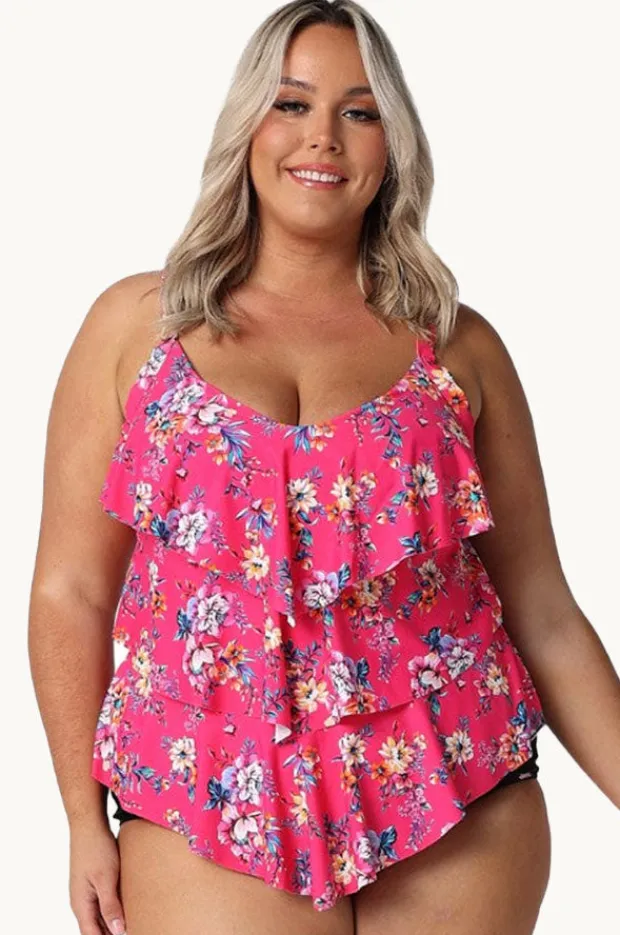 Tankini Tops|Capriosca Castaway Tiered Frill Tankini Separate Hot pink