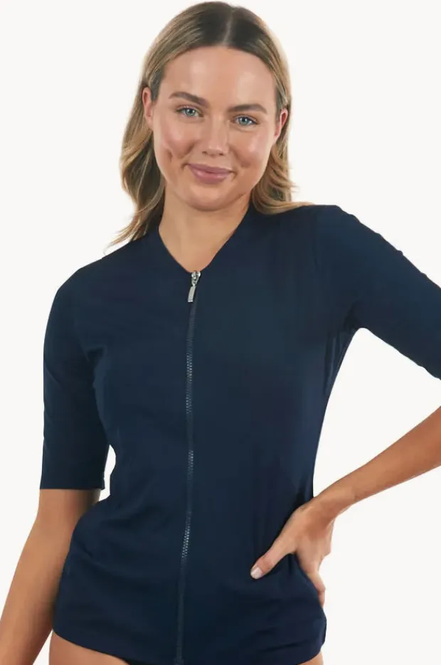 Rashies & Sunsuits|Babes In The Shade Classic Zip Short Sleeve Suntop Navy