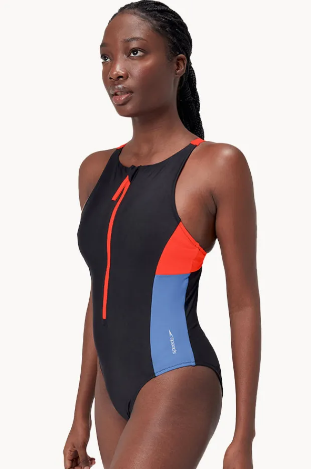 One Pieces|Speedo Colourblock Zip One Piece Black