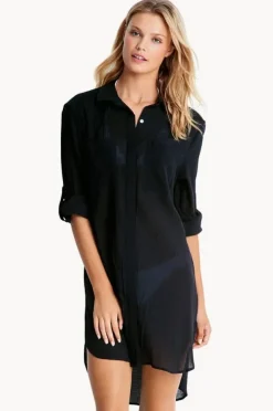 Overswim|Seafolly Crinkle Twill Beach Shirt Black