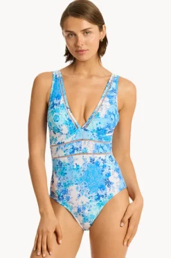 One Pieces|Sea Level Daisyfield Spliced One Piece Blue