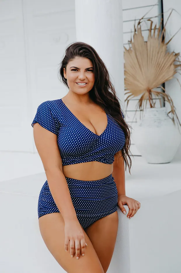 Bikini Tops|Capriosca Dots Moulded Frill Wrap Bra Navy/white
