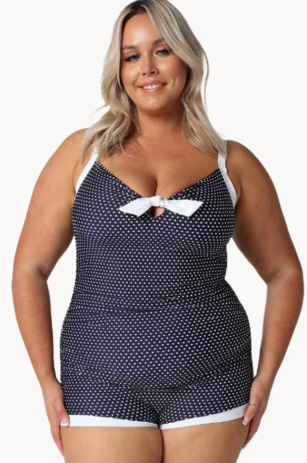 One Pieces|Capriosca Dots Tie Front Boyleg One Piece Navy/White