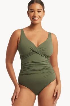 One Pieces|Sea Level Eco Essentials Cross Front One Piece Khaki