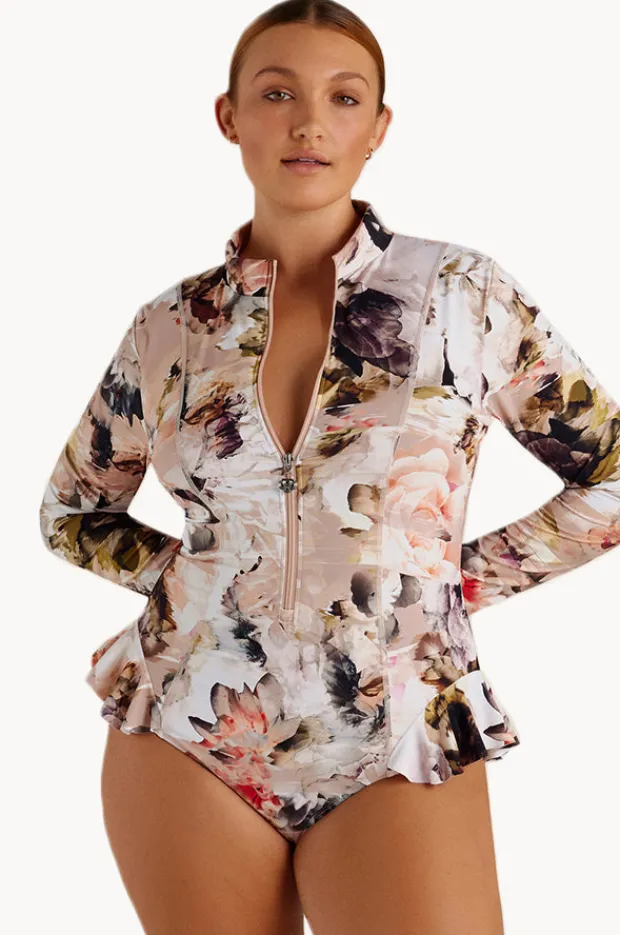 Rashies & Sunsuits|Sunsoaked Fiore Frill Long Sleeve Sunsuit Blue/Natural