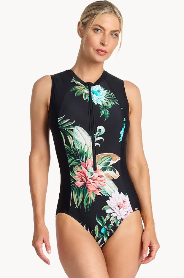 One Pieces|Jantzen Floral Active Zip One Piece Black