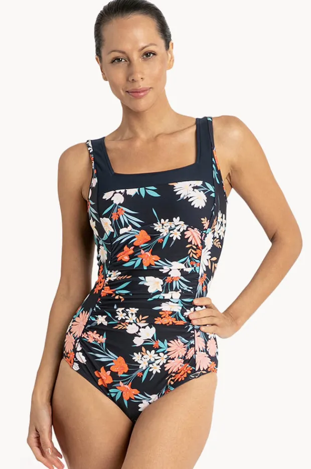 One Pieces|Jantzen Floral Square Neck One Piece Navy