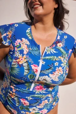 Rashies & Sunsuits|Capriosca Florida Frill Sleeve Sunsuit Blue/multi