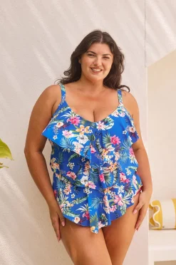 Tankini Tops|Capriosca Florida Tiered Frill Tankini Separate Blue/multi