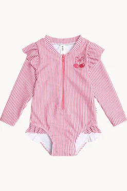 Rashies & Sunsuits|Huxbaby Girls Pie Stripe Frill Sunsuit Cherry