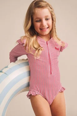 Rashies & Sunsuits|Huxbaby Girls Pie Stripe Frill Sunsuit Cherry