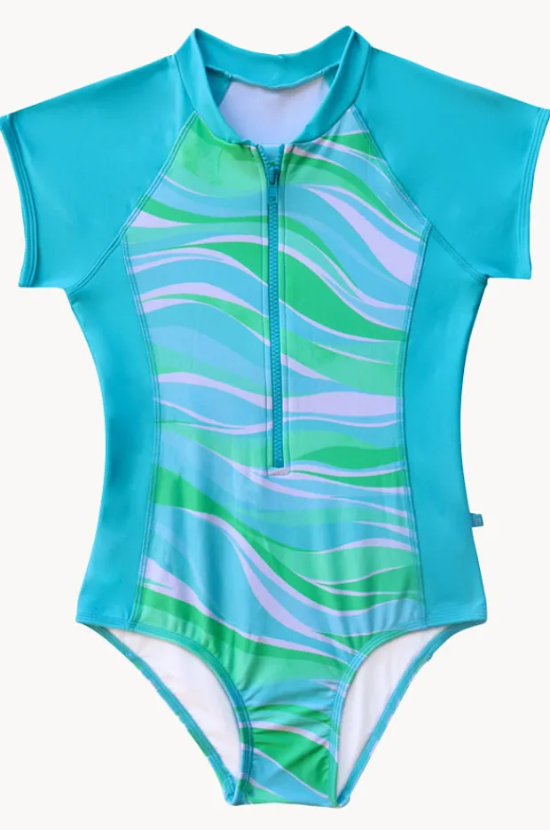 Rashies & Sunsuits|Rashies & Sunsuits|Salty Ink Girls Coastal Wave Short Sleeve Sunsuit Blue