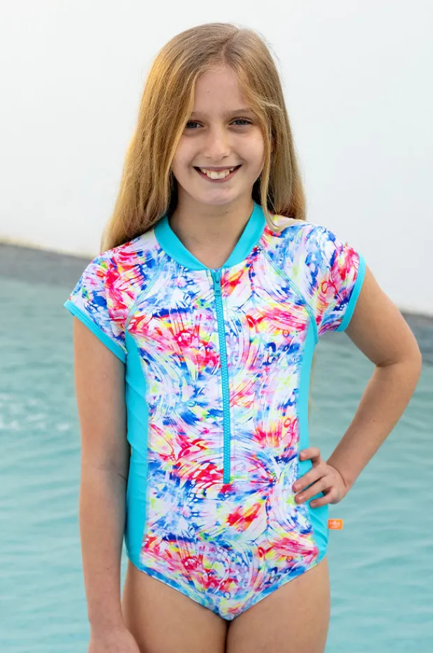 Rashies & Sunsuits|Salty Ink Girls Cosmik Crush Short Sleeve Sunsuit Blue/multi