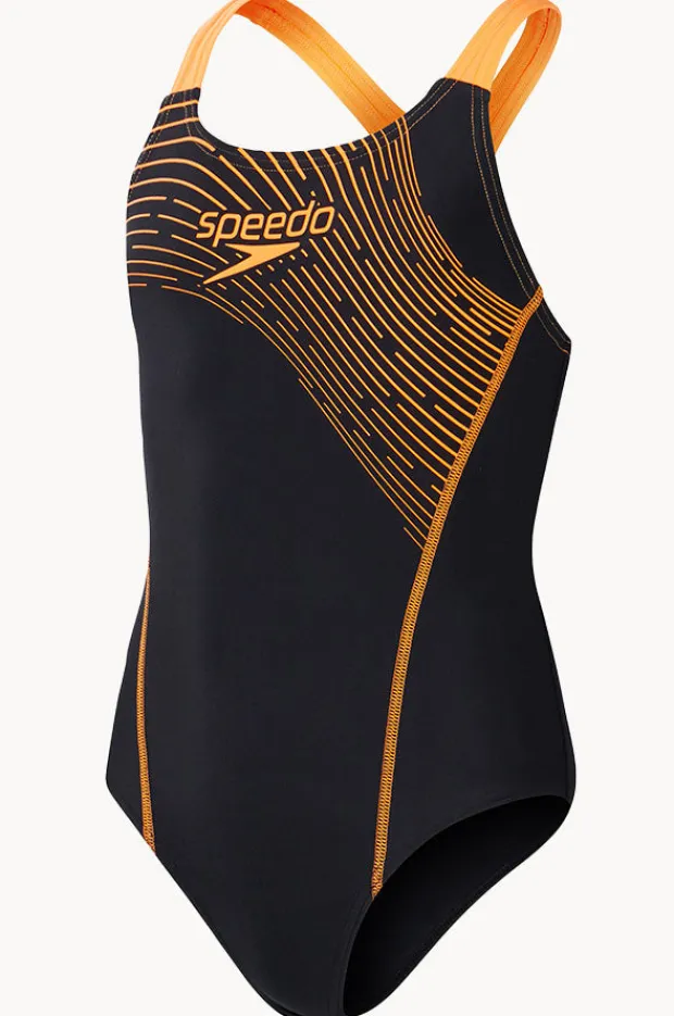 One Pieces|Speedo Girls Medley Logo Medalist One Piece Black/Orange