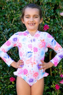 Rashies & Sunsuits|Salty Ink Girls Miss Long Sleeve Sunsuit Peony