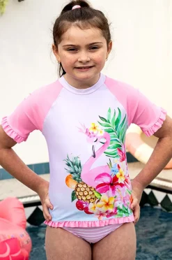 Rashies & Sunsuits|Salty Ink Girls Miss Vacay Short Sleeve Suntop Set Pink/multi