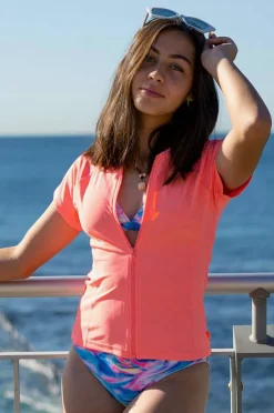 Rashies & Sunsuits|Salty Ink Girls Short Sleeve Zip Suntop Peach