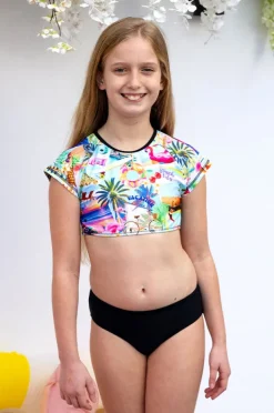 Rashies & Sunsuits|Salty Ink Girls Summer Vacay Crop Suntop Set Black/multi