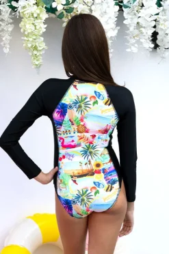 Rashies & Sunsuits|Salty Ink Girls Summer Vacay Long Sleeve Sunsuit Black/Multi