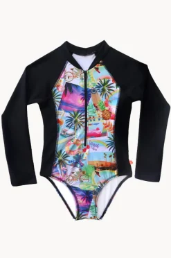 Rashies & Sunsuits|Salty Ink Girls Summer Vacay Long Sleeve Sunsuit Black/Multi