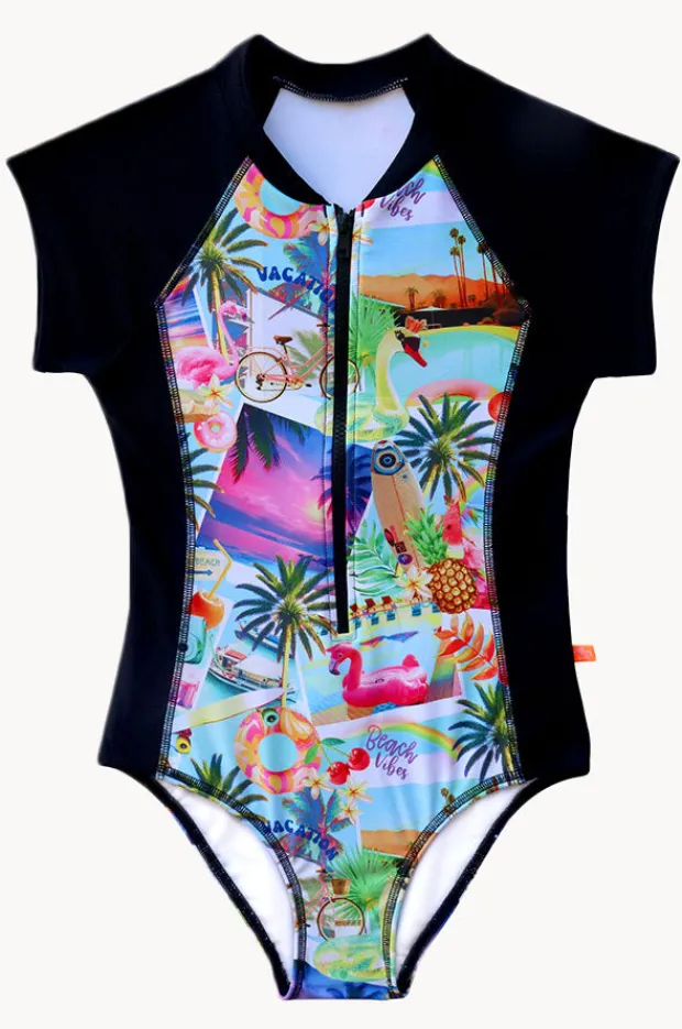Rashies & Sunsuits|Rashies & Sunsuits|Salty Ink Girls Summer Vacay Short Sleeve Sunsuit Black/multi