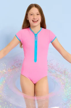 Rashies & Sunsuits|Seafolly Girls Girls Textured Contrast Sunsuit Flamingo