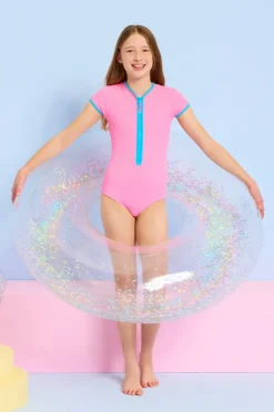 Rashies & Sunsuits|Seafolly Girls Girls Textured Contrast Sunsuit Flamingo