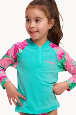 Rashies & Sunsuits|Rashies & Sunsuits|Funkita Girls Tropic Palm Zippy Suntop Pink/green