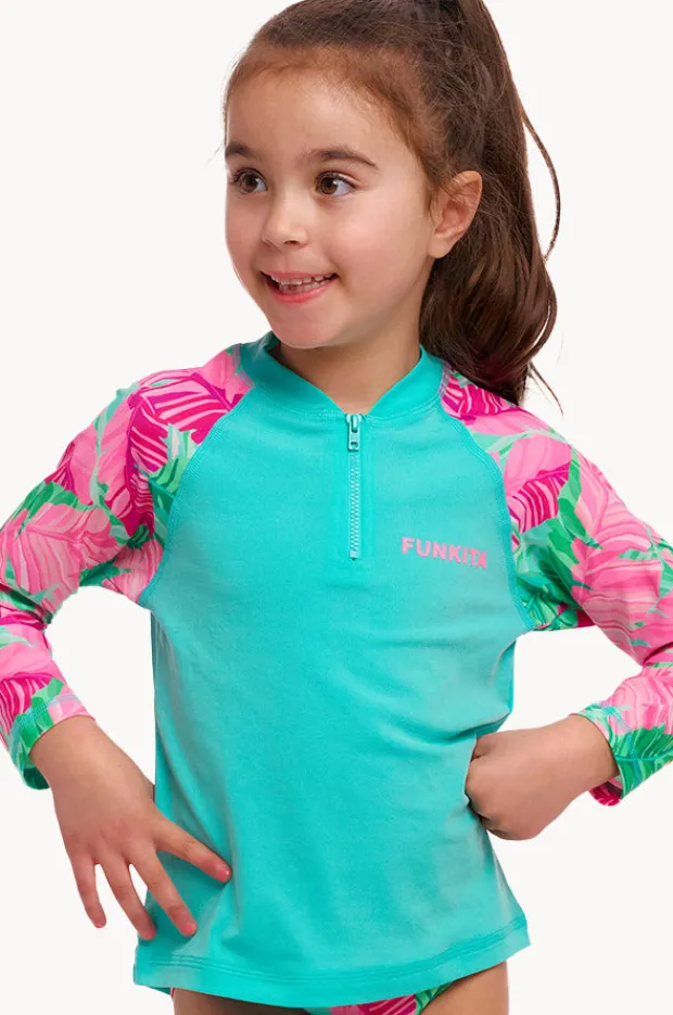 Rashies & Sunsuits|Rashies & Sunsuits|Funkita Girls Tropic Palm Zippy Suntop Pink/green