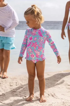 Rashies & Sunsuits|Snapper Rock Girls Tropical Glow Sunsuit Blue/Pink